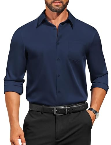 COOFANDY Dress Shirts for Men Stretch Long Sleeve Formal Shirt Business Casual Button Down Shirts, Deep Blue, Large