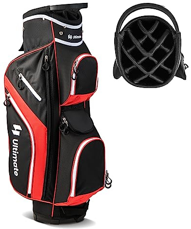 COSTWAY Bolsa de Golf, Bolsa de Palos de Golf con Separadores Superiores de 14 Vías, 9 Bolsillos, Enfriadora, para Zapatos, Soporte para Paraguas y Cubierta para Lluvia (Rojo)
