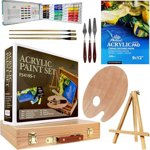 Generisch Malset mit Acrylfarben Phoenix – 18 Farben à 12ml, Pinsel, Spachtel, Malblock, Palette, Tischstaffelei & Holzkoffer – Komplettes Künstler Set für Anfänger & Fortgeschrittene