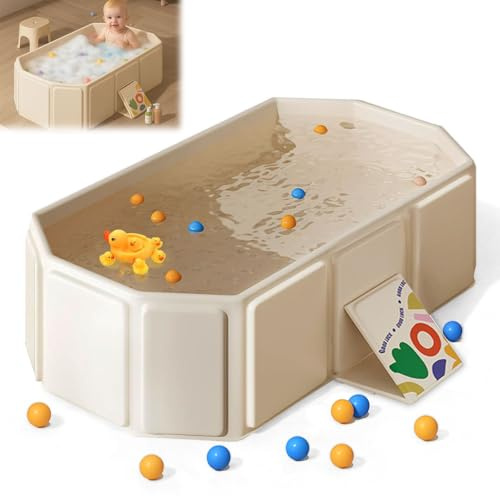 Vlecexs Bañera plegable para bebé, bañera portátil para niños de 0 a 8 años, bañera infantil plegable para ducha con tapón de drenaje, lavabo plegable para ducha o jardín, beige
