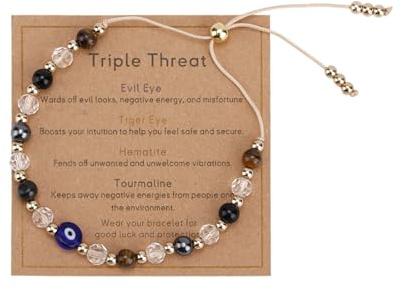 Mikovivi Evil Eye Bracelet for Women, Crystal Black Tourmaline Bracelet Triple Protection Good Luck Jewelry for Men Women Christmas Birthday Gift