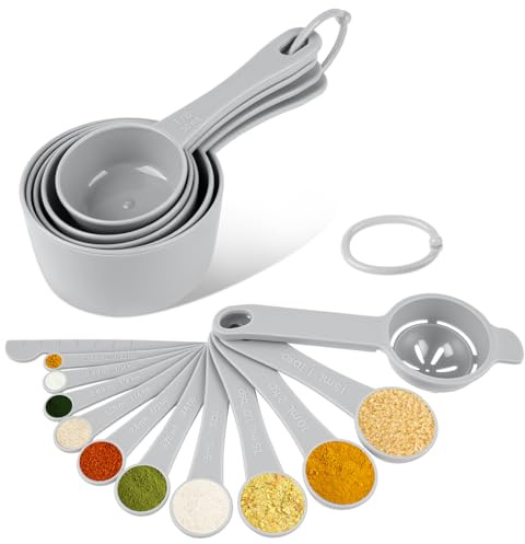 Pesutei 17 Pieces Cup Measurements Set and Measuring Spoons Sets with Leveler, Space Saving Measuring Cups for Baking, Dry & Liquid Ingredients, Scale Markings (Grey)