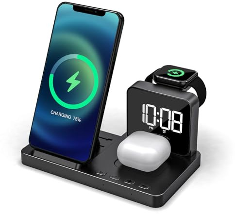 Reflexion 4-i-1 trådlös laddare med klocka och väckarklocka | Trådlös laddningsstation för smartphone, Apple Watch & hörlurar | 15 W snabbladdning | dubbel larmfunktion | USB-C-anslutning | kompakt
