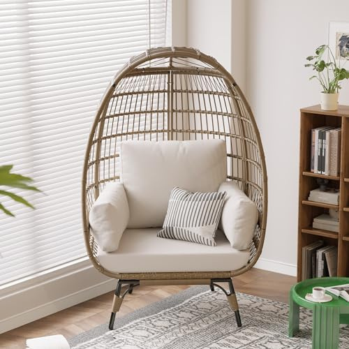 OPULENTHOME Großer eiförmiger Terrassenstuhl, Rattan-Loungesessel mit Kissen, Sitzfläche mit Metallgestell, für Balkone, Terrassen und Wohnzimmer, 99 x 78 x 147 cm, Beige