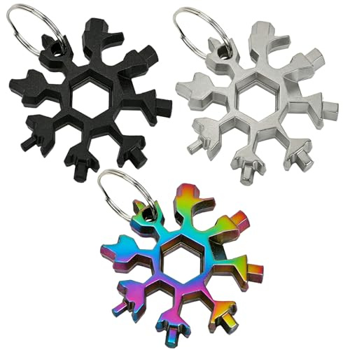 BLNC 3 Stück 18-in-1 Schneeflocken-Multitool Schlüsselanhänger, Mini Multifunktionswerkzeug mit Schraubendreher, Flaschenöffner und Maulschlüssel, Geschenke für Heimwerker