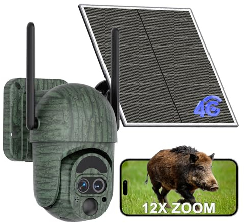 NUASI 4G LTE Wildkamera mit SIM Karte, 2K Solar Wildtierkamera mit Handyübertragung APP Farbnachtsicht 12X Hybrid-Zoom Dual-Lens PTZ 360 Bewegungsmelder 2-Wege-Audio IP66 Überwachungskamera Aussen