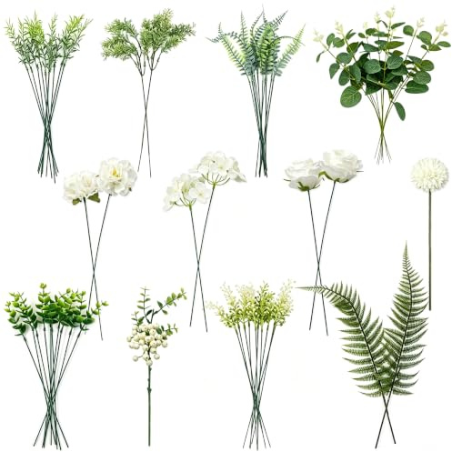 ROLLWAY 62 Stück Kunstblumen wie Echt, Weiß Künstliche Blumen Seidenblumen | Blumenstrauß, Fake Blumen und Zweig Eukalyptus Kunstblumenstrauss für Vase, Deko Wohnzimmer, Hochzeit, Tischdeko, Geschenk