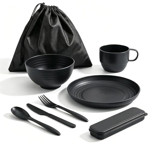 Belegao Camping Utensils Set Food Grade Plastic Cutlery Bowl Plate Cup 8PCS | Set for 1 Tableware Kit, Storage Bag, Rustproof, Heat Resistant for Outdoor Picnic BBQ Travel Kitchen Accessories(Black)