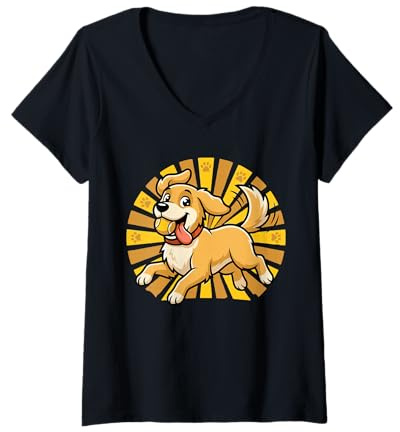 Donna Joyful Golden Retriever Saltando Palla da Tennis Cartone Animato Cane Amore Maglietta con Collo a V