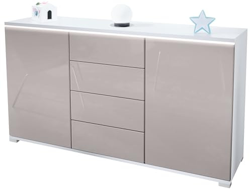 Vladon Sideboard Faro V1 - Kommode mit 2 Türen & 4 Schubladen, Schrank mit LED Lichtleiste, Weiß matt/Sandgrau Hochglanz (138,5 x 75,5 x 35)