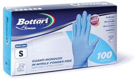 Bottari Guanti in Nitrile Monouso Blu, Senza Talco, Confezione da 100 Pezzi, Taglia S, Anallergici, Resistenti