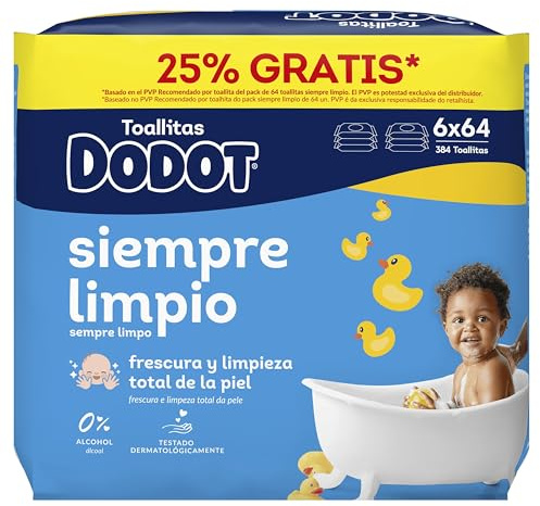 Dodot Toallitas Bebé Seco para Bebé, 384 toallitas, recupera el pH de la piel del bebé (6 Paquetes de 64)