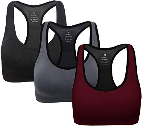 ANGOOL Sport BH Damen Stark Halt Push Up Ohne Bügel Gepolstert Sport Bustier Seamless Sport BH Racerback Sports Bras Fuer Yoga Fitness Joggen Training, Schwarz+Grau+Weinrot, XL
