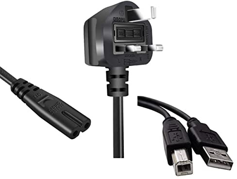 BabzTech Printer USB Cable (1.5m) and 2 Pin Mains Power Lead Fig Figure 8 Cable (2m) Set, USB Type B Lead Compatible with Printers like Epson, HP DeskJet/Envy, Lexmark, Dell etc