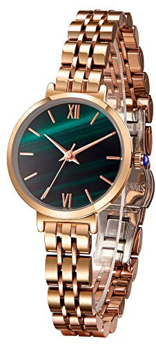 SURVAN WatchDesigner Uhr Damen Quarz Armbanduhr für Frauen Minimalistisch Stil 18 Karat Gelbgold ionenplattiertes Edelstahlgehäuse (Emerald Grün)