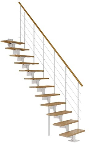 DOLLE Mittelholmtreppe - 11 Stufen - Geschosshöhe 228 – 300 cm - Geradelaufend - Stufen Eiche, lackiert - Unterkonstruktion: Weiß (RAL 9016) - volle Stufen 70 cm - inkl. Geländer - Nebentreppe