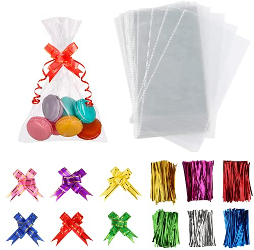 Vandicak 100 Piezas Bolsa de Celofán Transparente con Tiras y Cinta, 25 x 15 cm Bolsas de Plástico para Dulces Galletas Pastelería, Calendario de Adviento Recuerdos de Fiesta Embalaje de Regalo
