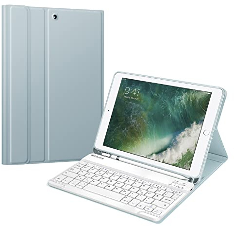 FINTIE Tastatur Hülle für iPad 9.7 2018/2017 (5./6. Generation), Air 2/1 | Soft TPU Rückseite Gehäuse mit Stifthalter, magnetisch Abnehmbarer Bluetooth Tastatur (QWERTZ Layout), Eisblau