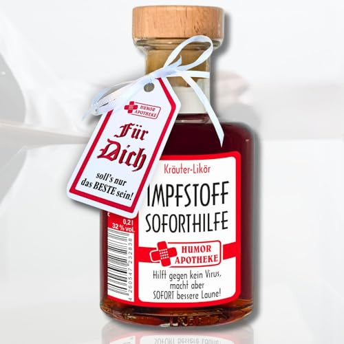 0,2L Apothekerflasche - Kleiner Impfstoff Sofort Hilfe - 33% vol. Kräuterlikör aus der Humorapotheke mit Arztrezept | Humor Apotheke Spaßmedizin Scherzartikel Humormedizin | Mit Geschenkverpackung