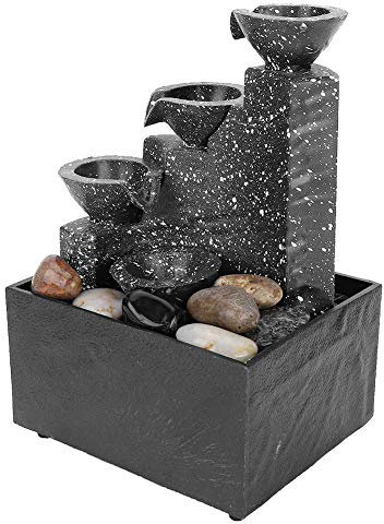 Greensen Fuente de interior de 3 niveles, fuente de cascada, USB, con piedras de río naturales, decoración de mesa