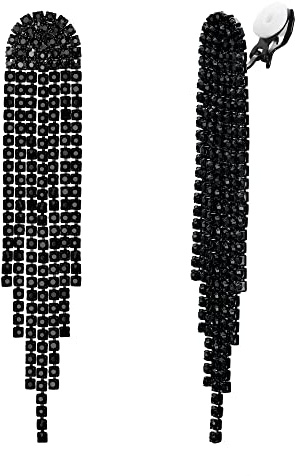 Clearine Clip On Earrings for Women Fashion Long Drop Chandelier Sparkly Rhinestone Crystal Tassel Dangling Earring Black Black-Tone
