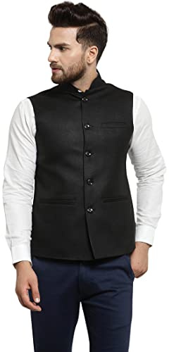 Treemoda Veste Nehru en tissu de jute indien traditionnel sans manches pour homme - Veste ethnique Modi pour mariage et festivals, Noir , 36