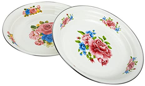 Yardwe 2stücke Emaille-teller Vintage Blumenmuster Emaille-geschirr Gemüse-obst-teller Für Küche Und Wohnzimmer Leicht Zu Reinigen Und Langlebig