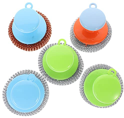 PAREKS 5 Sets Wire Brush Handle Grill Cleaner Brush Grill Scrubber Cleaning Tool Pot Scrub Brush Kitchen Cleaning Brush Stainless Steel Scourers Metal Sponge Pan Scrubber with Handle Pot/1350