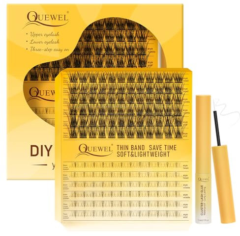 QUEWEL Wimpern Extensions, obere und untere Cluster Lashes mit langlebiger Wimpern bond und seal, DIY in drei Schritten, ganz einfach große Augen erzielen für Anfänger (Easy 02-MIX)
