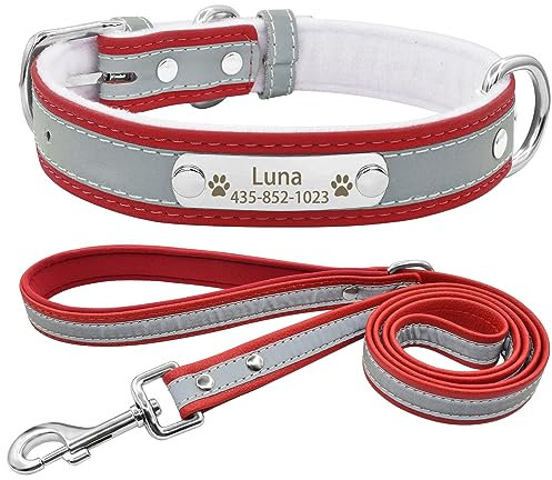 Senristar Personalisierte Reflektierende Hundehalsband und Leine Set,Benutzerdefinierte Eingraviert Warmes Futter Hundehalsband mit Namensschild für Kleine,Mittlere,Große Hunde & Katzen