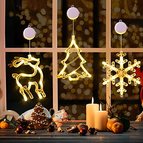 LOLStar Christmas Window Lights - 3 Pack Warm White Reindeer, Snowflake Lights with Suction Cup, Timer Function and Slow Fade Mode, Battery Operated for Christmas Decoration