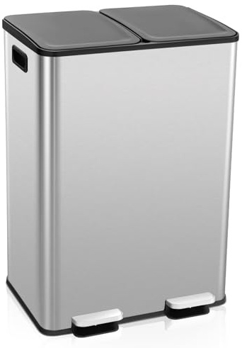 COSTWAY 60L Double Rubbish Bin, 2x30L Stainless Steel Recycle Pedal Kitchen Bin with Removable Buckets, Deodorizer Box, Soft Closure Flat Lid & 2 Handles, Airtight Waste Separation System (Silver)