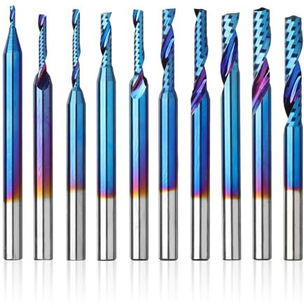 Genmitsu 1/8 Inch Shank 10pcs Carbide Spiral O Flute (Single Flute) End Mill CNC Router Bits, 91.5 Higher HRA Nano Blue Coat, perfect for Metal Carving Aluminum Copper Woodworking Cutting, OS10B