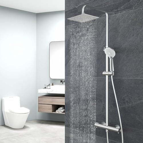 OCEAN ITALY Colonna Doccia con Rubinetto Termostatico, Miscelatore Doccia Soffione Doccia Quadrato in Acciaio Inox 20x20cm, Doccetta Tonda da 108mm, Altezza Regolabile 735-1170mm Cromo