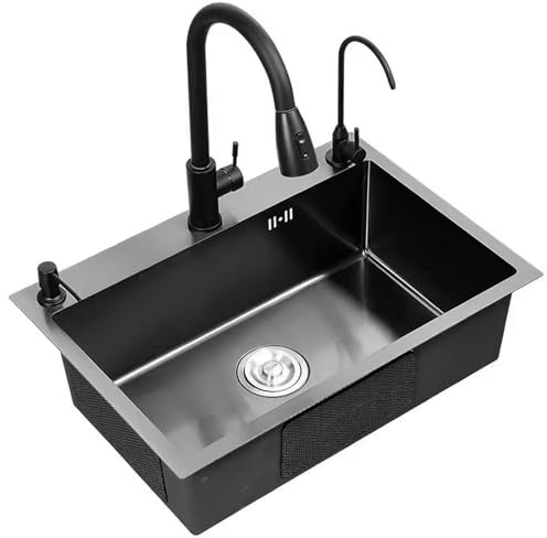SZKTHD Fregadero negro de acero inoxidable 304, cuenco individual grande, fregadero de bar, grifo extraíble negro, accesorios completos, 80 x 50 x 20 cm