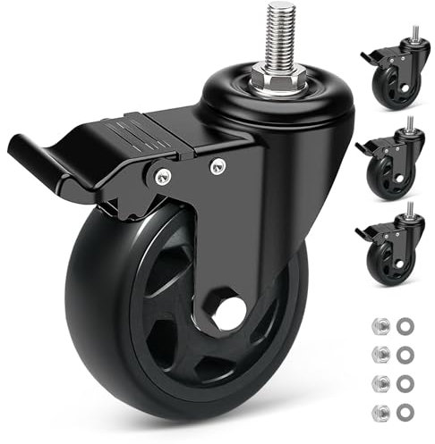 RRIUTO Ruote per Carrello con Perno Filettato M10 x 30mm, 125MM Ruote per Mobili con Freno, Ruote Girevoli Rotazione a 360° e Antigraffio, 4 Rotelle per Carichi Pesanti Capacità 650KG