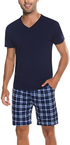 Bresdk Sommarpyjamas för män kort bomull lätt sommarpyjamas 2 delar kortärmad V-ringad topp med shorts, Rutig - Mörkblå, 4XL