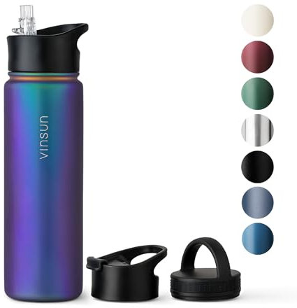 Vinsun Edelstahl Trinkflasche 750ml - Strohhalm, Trinköffnung, Drehverschluss - auslaufsicher, Kohlensäure geeignet - leichte Thermosflasche Sport, Schule, Outdoor, Büro