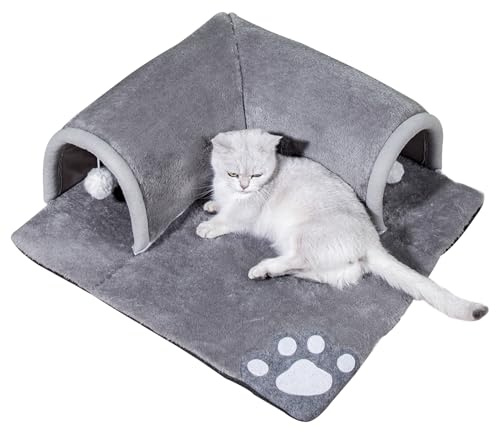 Tunnel pour chat lit, 2 en 1 tunnel de jeu pour chat avec tapis, tube de jeu pour chaton détachable et lavable - Grotte pour chaton avec tapis et balle, tapis pour chat, 50 * 50 cm (Gris)