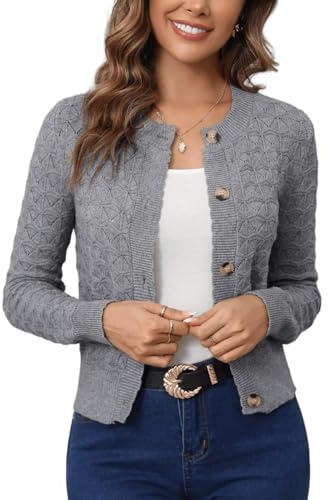 Enjyam Damen Strickjacke Elegant Langarm Rundhals Cardigan Leicht Bolero Jäckchen mit Knöpfe Weiche Jacke über Top Kleid