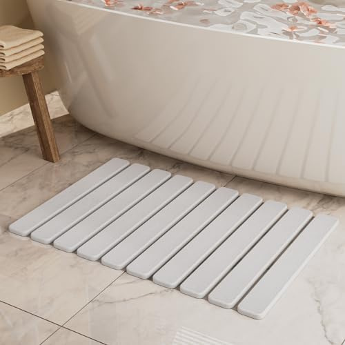 Foldable Stone Bath Mat, Quick Dry Stone Drying Mats for Bathroom, Super Absorbent Bath Mat, Non Slip, Large Diatomaceous Earth Dish Drying Mats for Kitchen Counter 23.5 x 15.4in, White