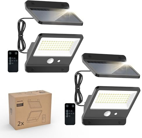 Philips Lampe de sécurité solaire d'extérieur LED 6500K, projecteur mural étanche à énergie solaire avec capteur de mouvement PIR, Télécommande avec câble de 5 mètres, étanche IP65, 3 modes (2)
