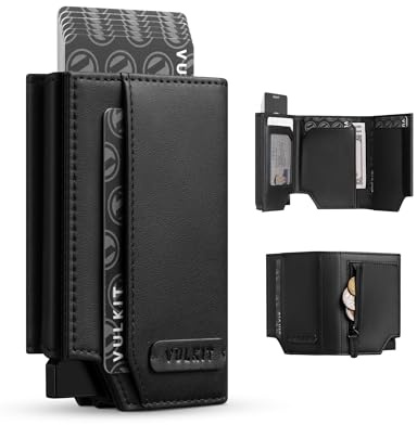 VULKIT Portefeuille Homme et Porte Cartes Bancaire Blocage RFID, Portefeuille Scratch Autocollant Cuir avec Compartiment à Billets et Poche à Monnaie, Boîte Cadeau, Noir
