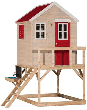 Wendi Toys casetta su palafitta con cucina da esterno, legno FSC, con lavello, rubinetto, piastre gioco e lavagna, casa gioco per bambini resistente alle intemperie, rossa - M21R-K