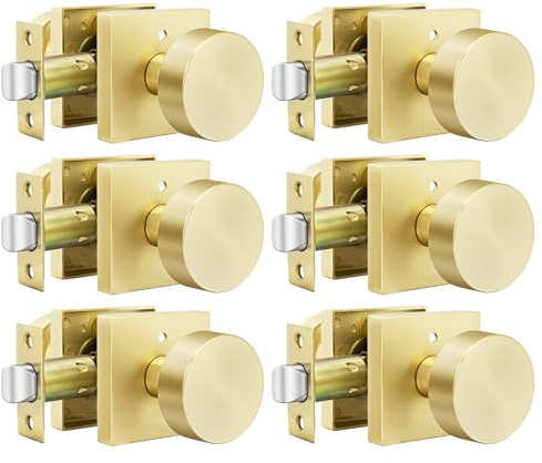 Goldenwarm Gold Door Knobs Interior, Zinc Alloy Square Ball Brushed Gold Privacy Door Knobs for Bedroom, Bathroom,Heavy Duty Interior Door Knob Bulk - Modern & Stylish(6 Pack)
