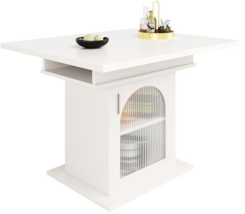 Wiuzo Mesa de comedor telescópica (140 x 80 cm), mesa de comedor extensible con estante, ahorra espacio, con tres estantes, para cocina y salón, color blanco
