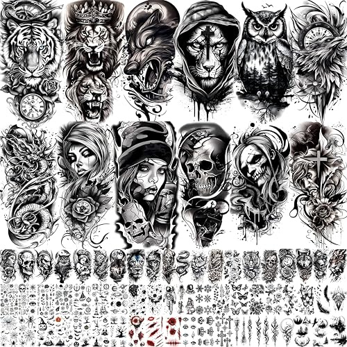 GLARYYEARS 3D Realistic Fake Tattoos for Adults Halloween & Cosplay | 72 waterproof, long-lasting temporary tattoos. Painless 3D skull & animal designs perfect for Halloween, parties & costumes.