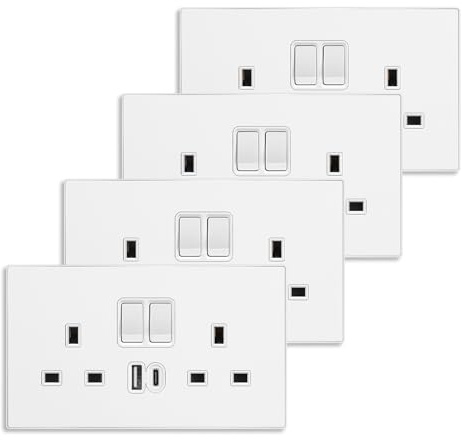 CNBINGO Black Double Socket with USB C and A,Aluminium Panel Wall Outlets | 20W PD Fast Charging,USB C & USB A ports,4 Pack Double Switched Plug Socket,13A USB Double Wall Socket