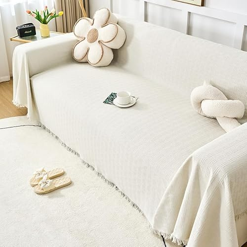 Surwin Plaid Canape Grande Taille, Couleurs Unies Jeté de Canapé, Lavable Housse de Canapé d'angle, Couverture Protege Canape 1 2 3 4 Places en Forme de L (Beige,180x300cm)