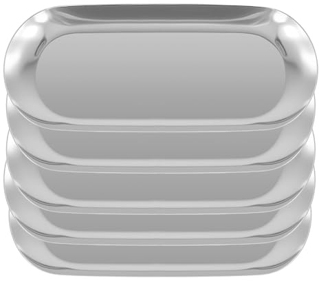 YUENPUN 5 PCS Stainless Steel Oval Silver Trays, 23 x 9cm Metal Mirror Trays, Jewellery Cosmetic Vanity Tray for Makeup, Small Item Storage Organising, Bathroom